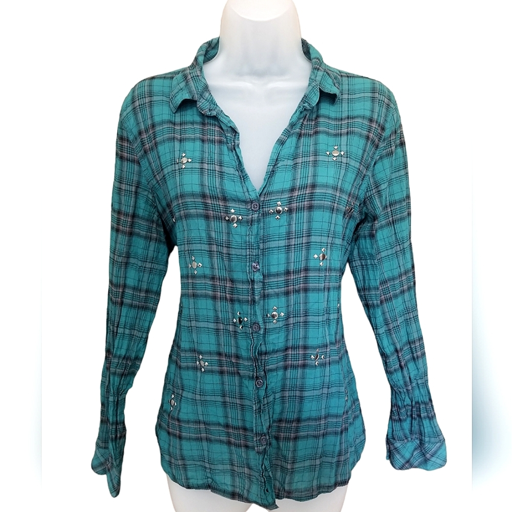 Rock & Republic Studded Teal Lightweight Flannel